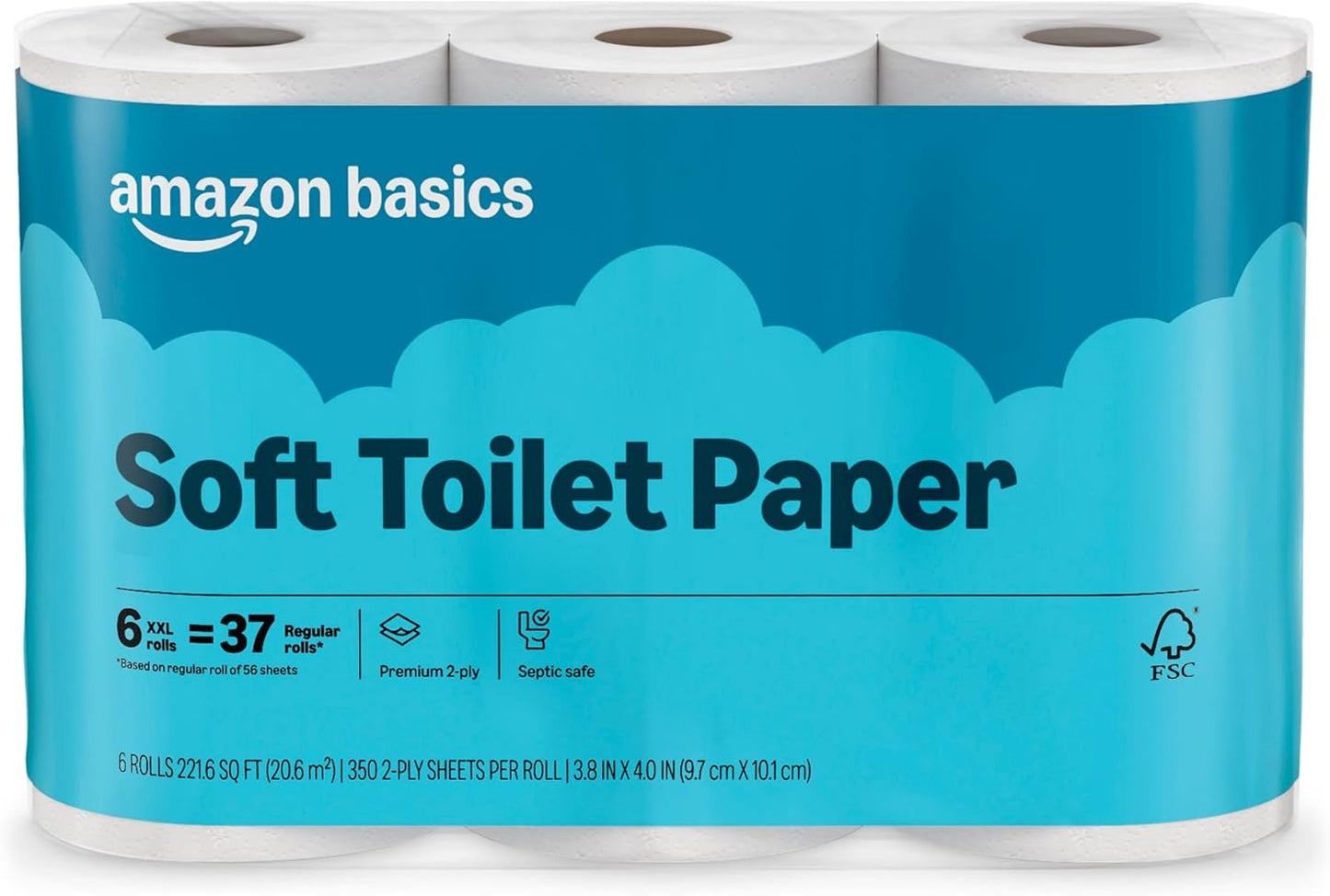 Amazon Basics 2-Ply Soft Toilet Paper, 30 Rolls (5 Packs of 6), Equivalent to 185 Regular Rolls, Packaging May Vary